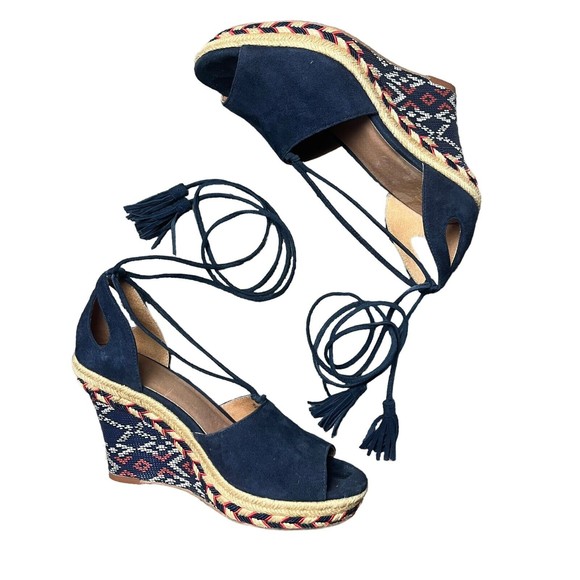 CAbi Isla Espadrille Wedge Heel Aztec Blue Suede Strappy Wrap Lace Up Sandals 6M - Picture 2 of 8
